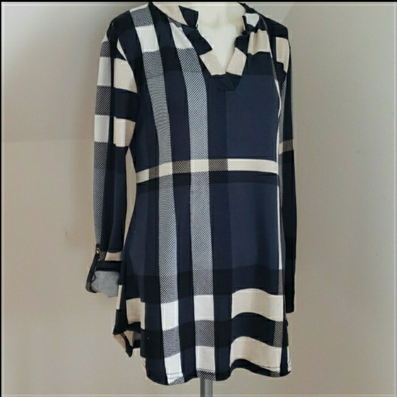 Lildy Button Sleeve Tunic Plaid Blue and Cream, Size  S-M - Picture 12 of 16
